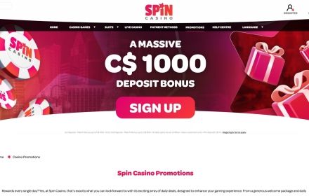 Spin Casino  Welcome Bonus $1,000 Cash Bonus