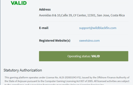 Sweetsino Casino License