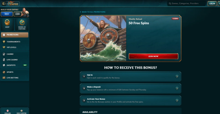MyEmpire Weekly Reload 50 Free Spins