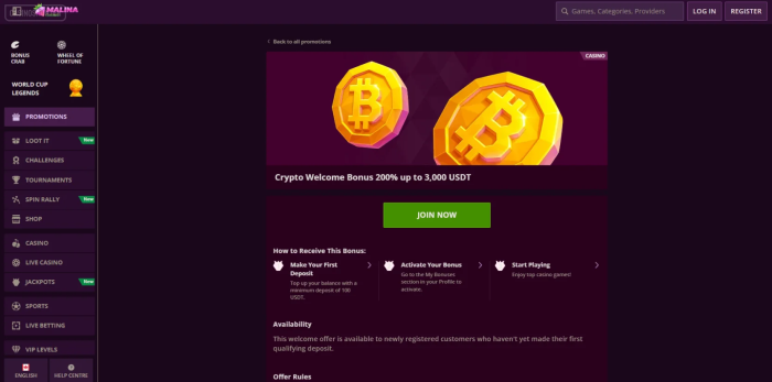 Malina Casino Crypto Welcome Bonus