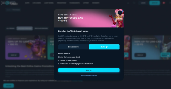 CasinoBello Casino Third Deposit Bonus