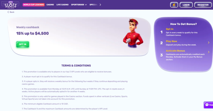 SlotsPalace Casino Weekly Cashback
