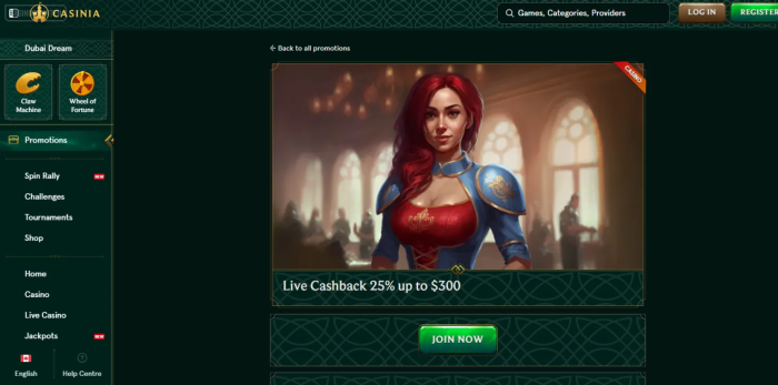 Casinia Casino Live Cashback