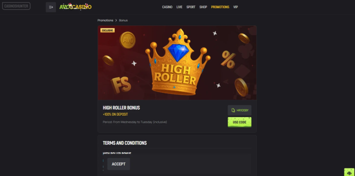 Avocasino Highroller Bonus