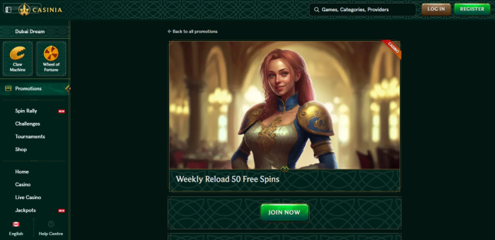 Casinia Casino Weekly Reload 50 Free Spins