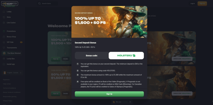 SlotHunter Casino Second Deposit Bonus