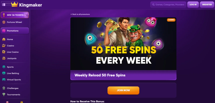 Kingmaker Casino Weekly 50 Free Spins