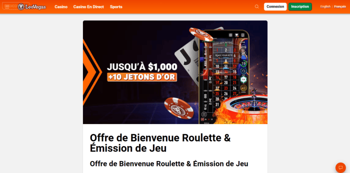 Leo Vegas Offre de bienvenue du casino en direct