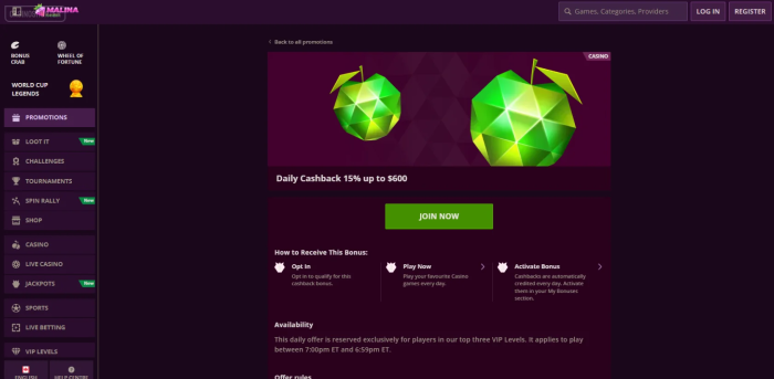 Malina Casino Daily Cashback