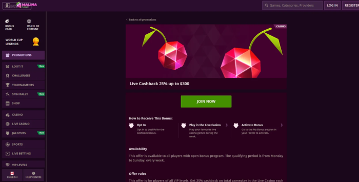 Malina Casino Live Cashback