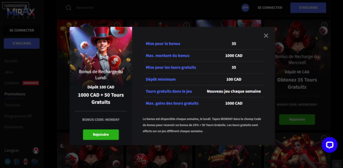 Mirax Casino bonus de recharge du lundi