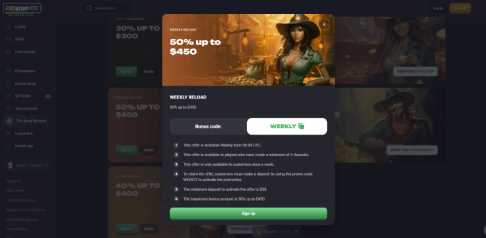 SlotHunter Casino Weekly Reload Bonus