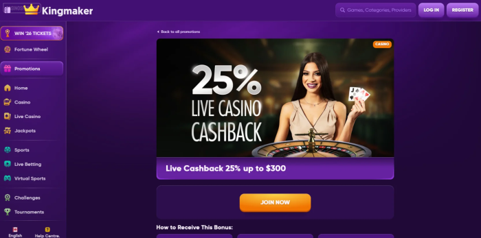 Kingmaker Casino Live Cashback
