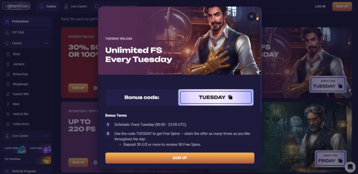 Spirit Casino Tuesday Reload Bonus