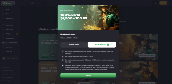 SlotHunter Casino First Deposit Bonus