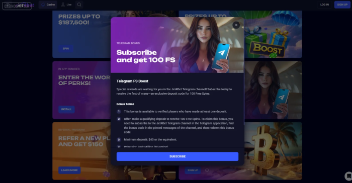 Jet4Bet Telegram Bonus 100 Free Spins