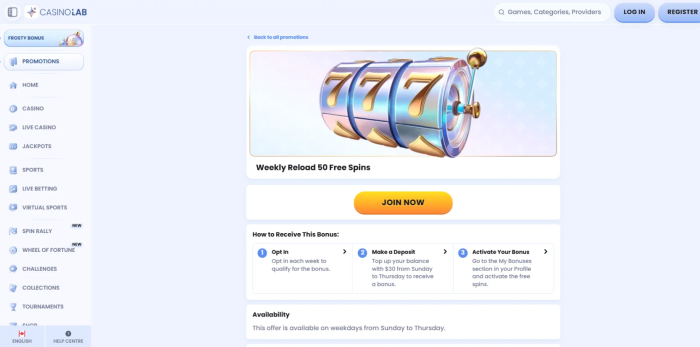 Casinolab Weekly Reload 50 Free Spins