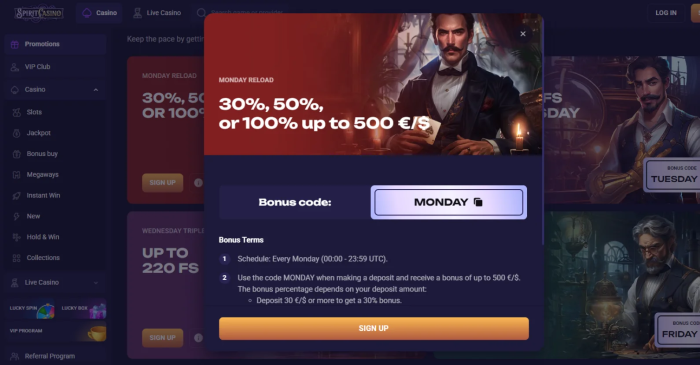 Spirit Casino Monday Reload Bonus