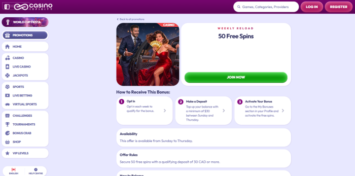 Casino Infinity Weekly Reload 50 Free Spins