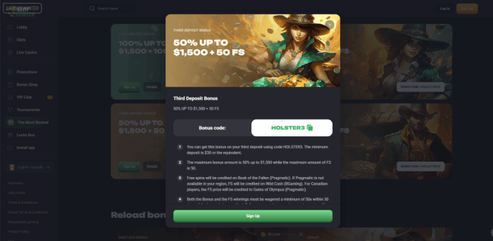 SlotHunter Casino Third Deposit Bonus