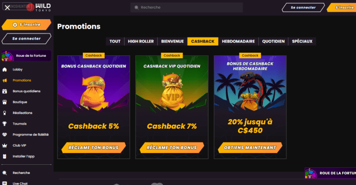 Wild Tokyo Casino Bonus de cashback quotidien pour les jeux de casino