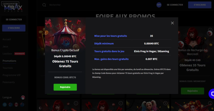 Mirax Casino Bonus exclusif en cryptomonnaie