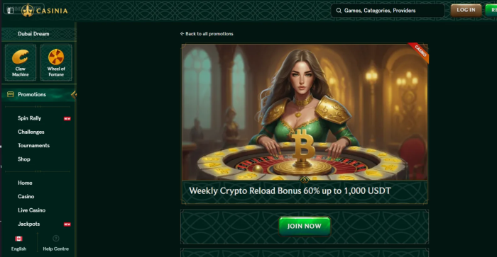Casinia Casino Weekly Crypto Reload Bonus