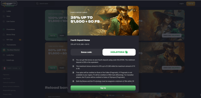 SlotHunter Casino Fourth Deposit Bonus