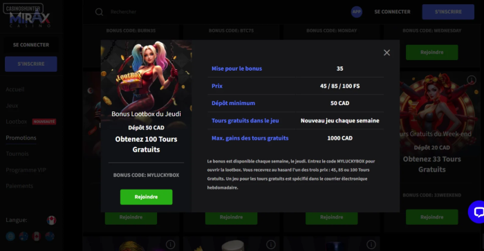 Mirax Casino bonus coffre à butin du jeudi