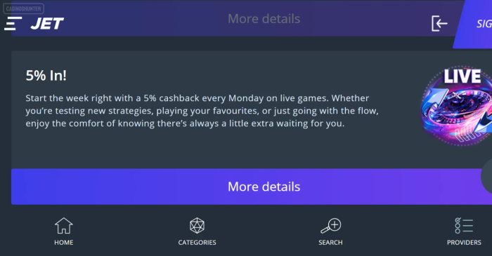 JET Casino Weekly Monday Cashback