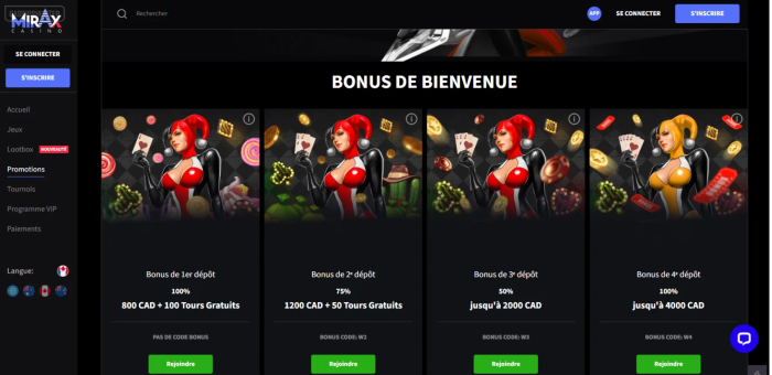 Bonus de bienvenue du casino Mirax