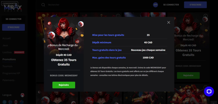 Mirax Casino bonus de recharge du mercredi