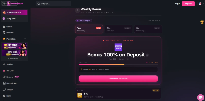 HunnyPlay Casino Weekly Bonuses