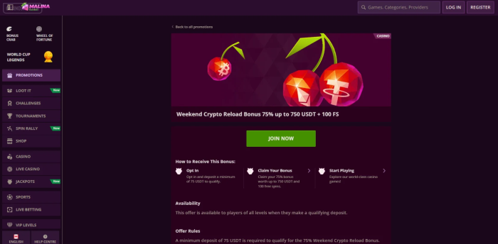 Malina Casino Weekend Crypto Reload