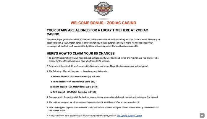 Zodiac Casino Welcome Bonus