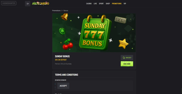 Avocasino Sunday Bonus