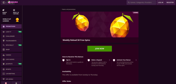 Malina Casino Weekly 50 Free Spins