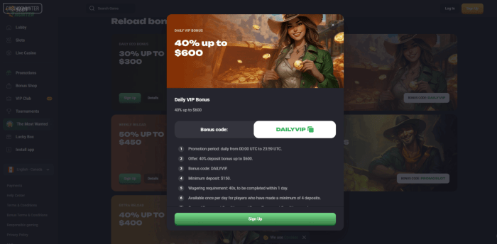 SlotHunter Casino Daily Vip Bonus