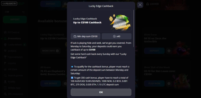 Lucky Elf Casino $100 Cashback