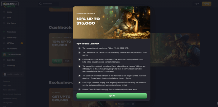 Slothunter Casino VIP Club Live Cashback