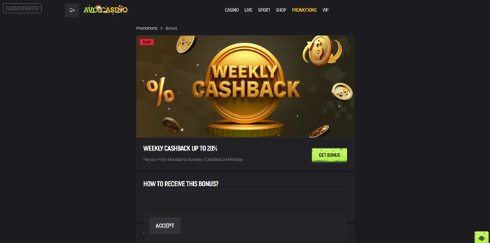 Avocasino Weekly Cashback