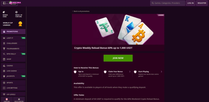 Malina Casino Crypto Weekly Reload