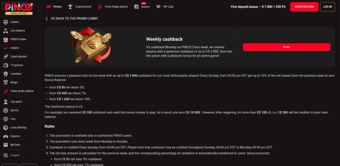 Pinco Casino Weekly Cashback