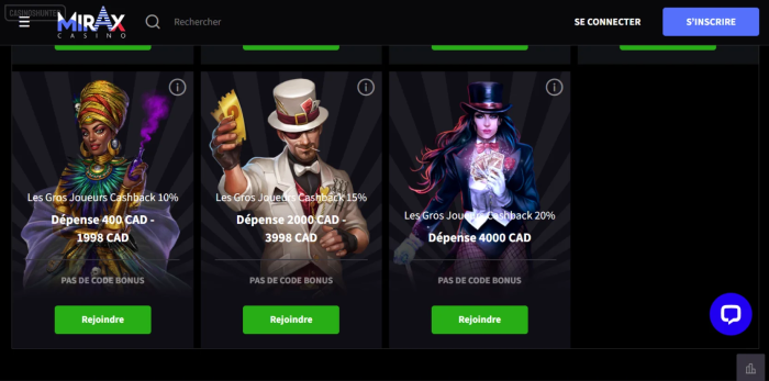 Bonus de cashback pour gros joueurs du casino Mirax