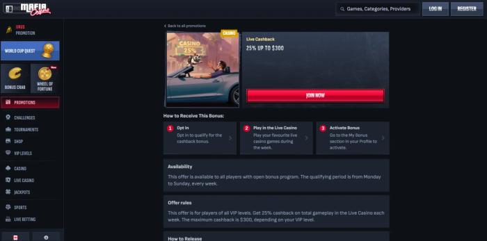Mafia Casino Live Cashback
