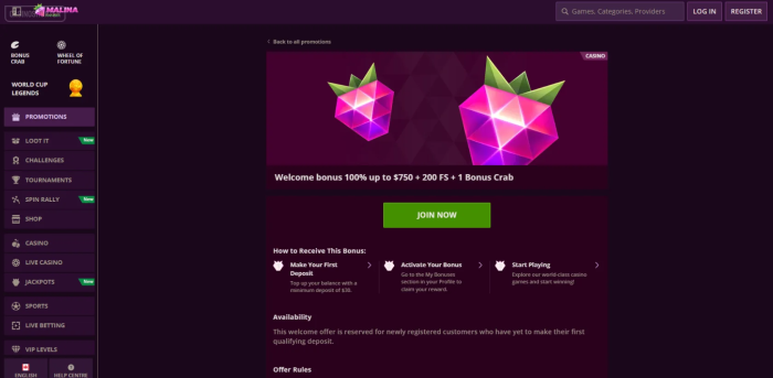 Malina Casino Welcome Bonus