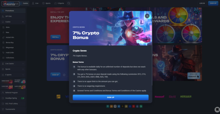 Lucky Hunter Casino 7% Crypto Bonus