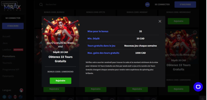 Mirax Casino tours gratuits de la fin de semaine