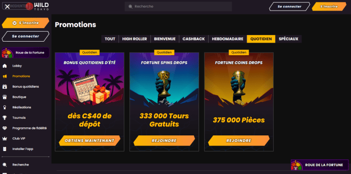 Wild Tokyo Bonus quotidiens et carte des bonus