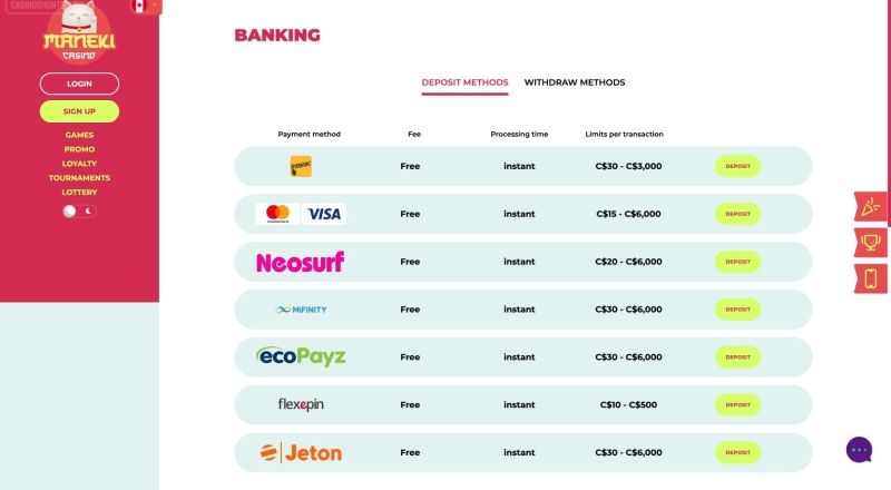 Maneki Casino Deposit Options